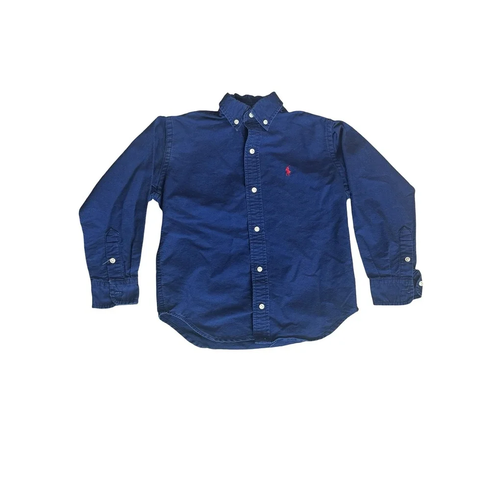 Ralph Lauren Boys Navy Blue Cotton Oxford Button Down Shirt Size 6 Red Pony Logo